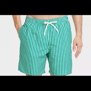 Goodfellow & Co Men Green Striped Elastic Waist Swim Trunks w/ 7" Inseam
